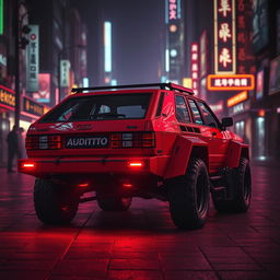 A heavily armored red 1980s Audi Quattro, featuring a striking neon red underglow that illuminates the ground beneath it