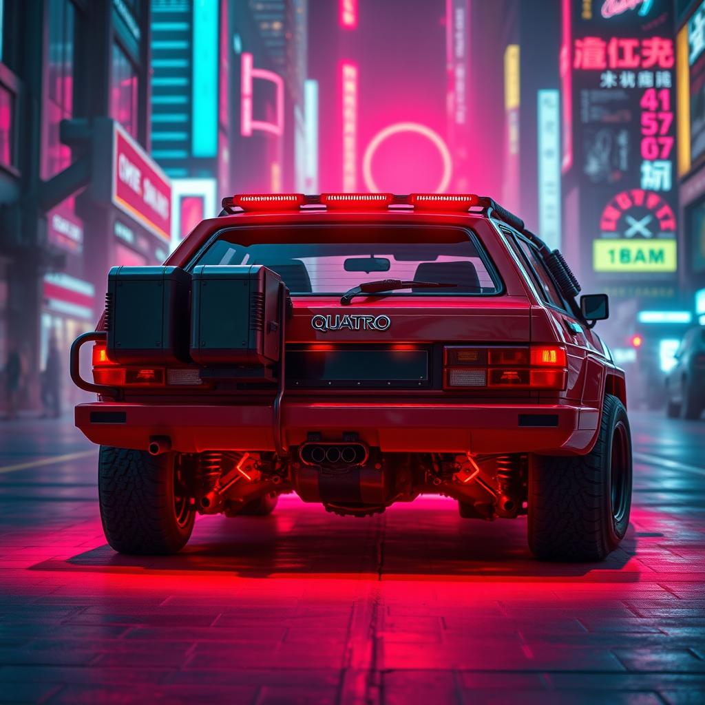 A heavily armored red 1980s Audi Quattro with an impressive neon red underglow illuminating the ground beneath it