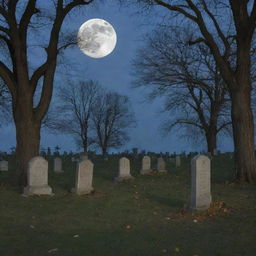 A serene graveyard at twilight, with tombstones casting long shadows, a pale moon hangs above, crickets chirping, and a gentle breeze whispering through the leaves of nearby trees.