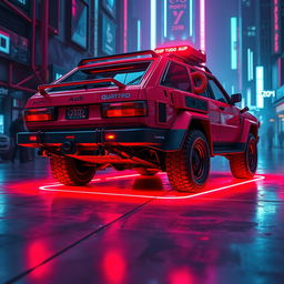 A heavily armored red 1980s Audi Quattro with an impressive neon red underglow illuminating the ground beneath it