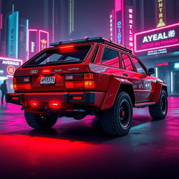 A heavily armored red 1980s Audi Quattro with an impressive neon red underglow illuminating the ground beneath it