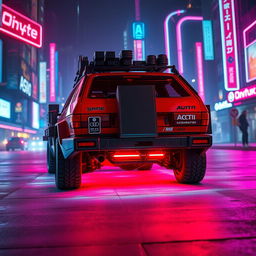 A heavily armored red 1980s Audi Quattro equipped with various gear attached to the back, showcasing its rugged and utilitarian aesthetic