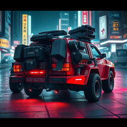 A heavily armored red 1980s Audi Quattro showcasing an array of gear attached to the back, featuring a vibrant neon red underglow that lights up the ground beneath