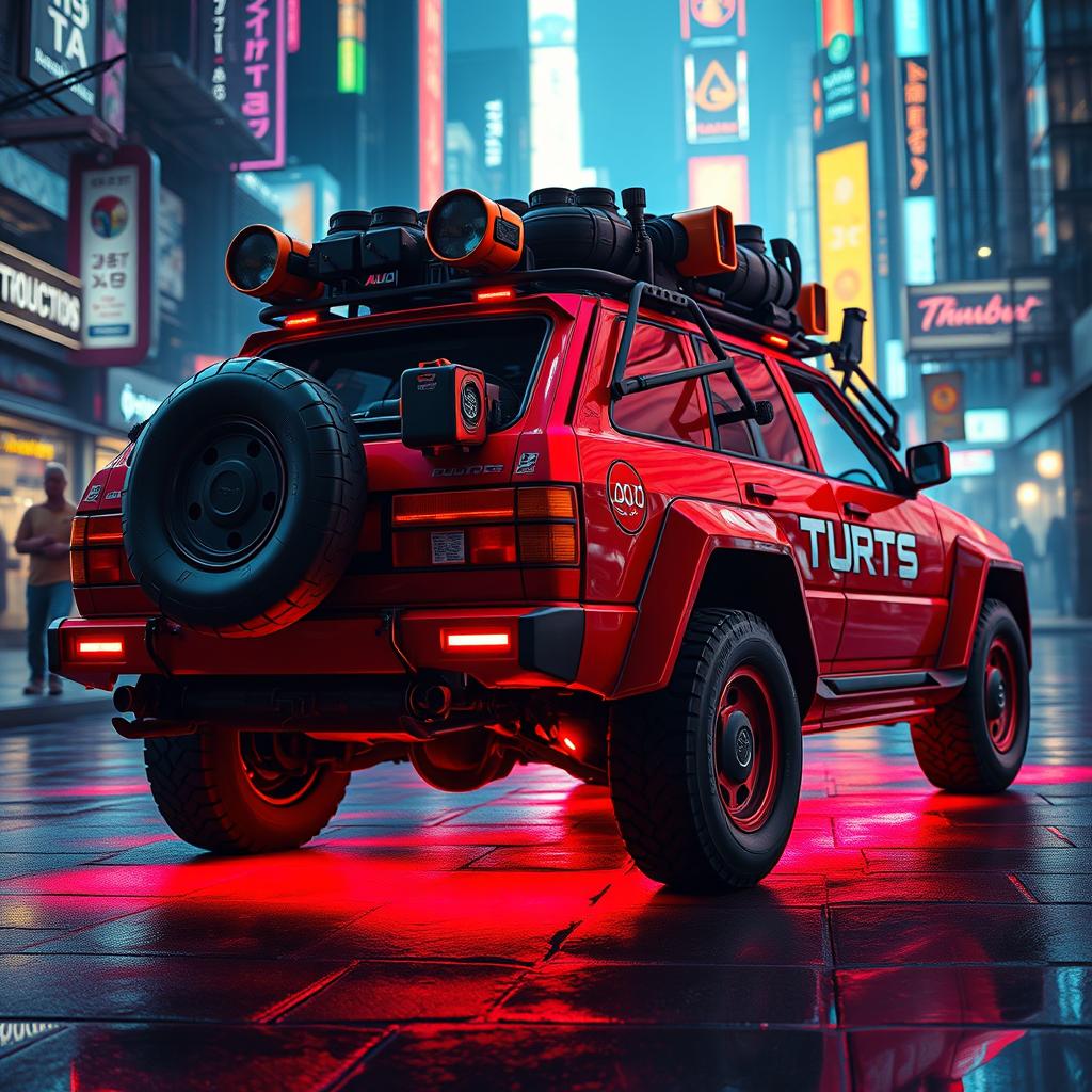 A heavily armored red 1980s Audi Quattro showcasing an array of gear attached to the back, featuring a vibrant neon red underglow that lights up the ground beneath