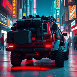 A heavily armored red 1980s Audi Quattro showcasing an array of gear attached to the back, featuring a vibrant neon red underglow that lights up the ground beneath