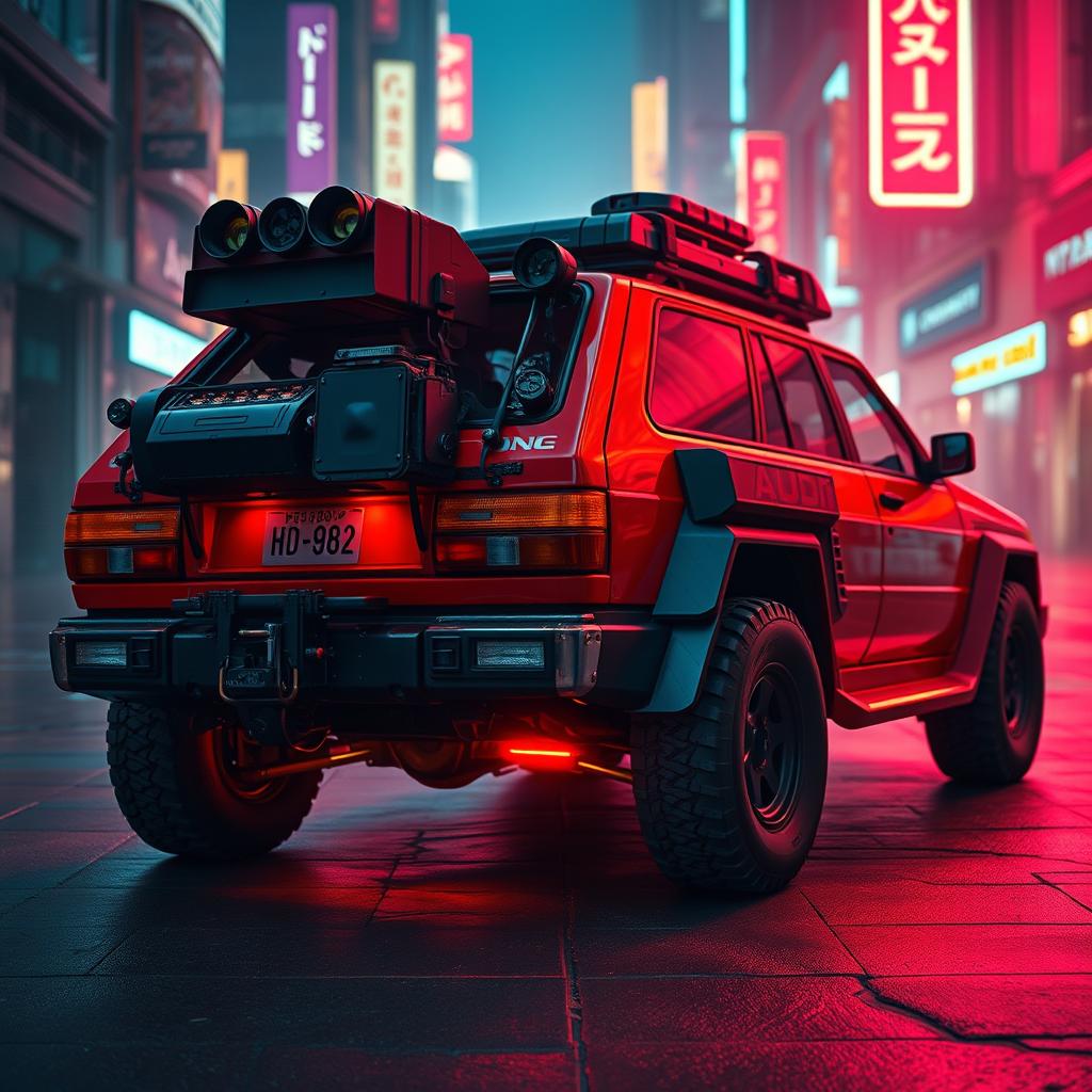 A heavily armored red 1980s Audi Quattro showcasing an array of gear attached to the back, featuring a vibrant neon red underglow that lights up the ground beneath