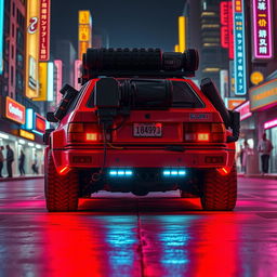 A heavily armored red 1980s Audi Quattro showcasing an array of gear attached to the back, highlighted by a vibrant neon red underglow that casts an alluring glow on the pavement below