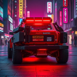 A heavily armored red 1980s Audi Quattro showcasing an array of gear attached to the back, highlighted by a vibrant neon red underglow that casts an alluring glow on the pavement below