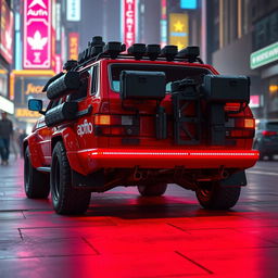 A heavily armored red 1980s Audi Quattro showcasing an array of gear attached to the back, highlighted by a vibrant neon red underglow that casts an alluring glow on the pavement below