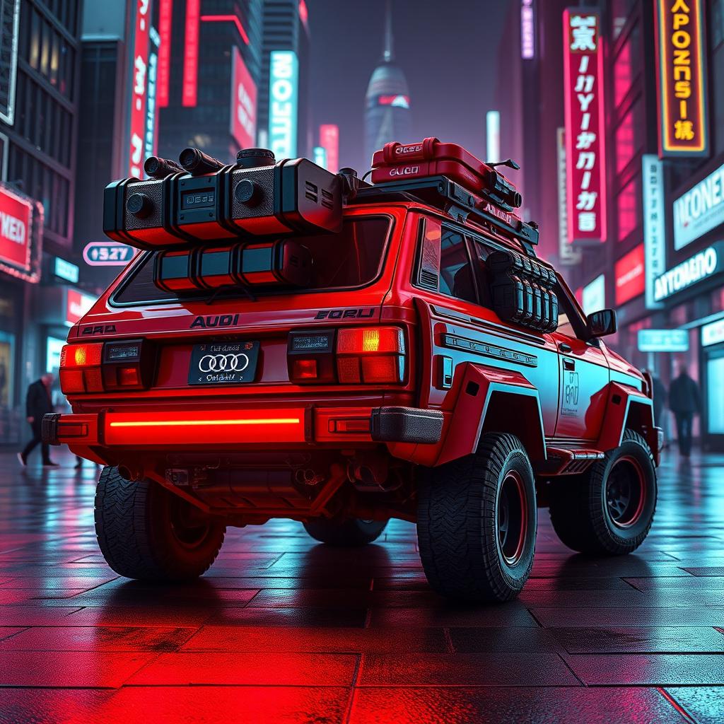 A heavily armored red 1980s Audi Quattro showcasing an array of gear attached to the back, highlighted by a vibrant neon red underglow that casts an alluring glow on the pavement below