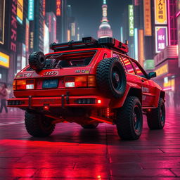 A heavily armored red 1980s Audi Quattro featuring a distinctive and rugged gear setup on the back