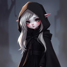 An albino cute female tiefling character, features a hood that covers her head, revealing only her petite nose and dark mouth