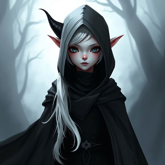 An albino cute female tiefling character, features a hood that covers her head, revealing only her petite nose and dark mouth