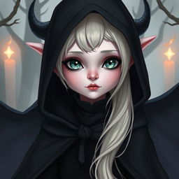 An albino cute female tiefling character, features a hood that covers her head, revealing only her petite nose and dark mouth