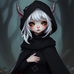 An albino cute female tiefling character, features a hood that covers her head, revealing only her petite nose and dark mouth