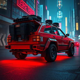 A heavily armored red 1980s Audi Quattro, prominently displaying an array of gear attached to the back hatch