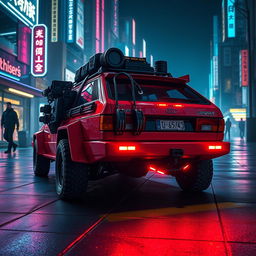 A heavily armored red 1980s Audi Quattro, prominently displaying an array of gear attached to the back hatch