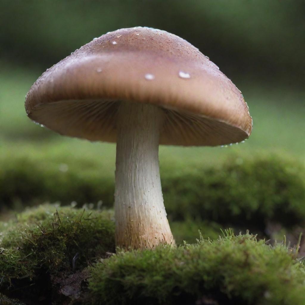 A detailed image of a fully matured mushroom standing elegantly on a bed of moss, reflecting the morning dew.