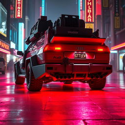 A heavily armored red 1980s Audi Quattro, prominently displaying an array of gear attached to the back hatch