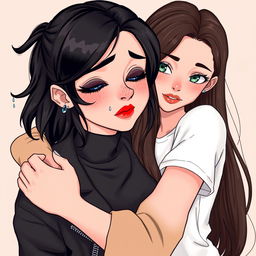 An illustration of two women embracing each other while crying