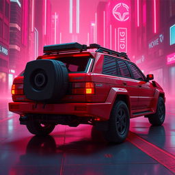 A heavily armored red 1980s Audi Quattro with minimalist gear attached to the back, bathed in a vibrant neon red underglow that illuminates the area surrounding the vehicle