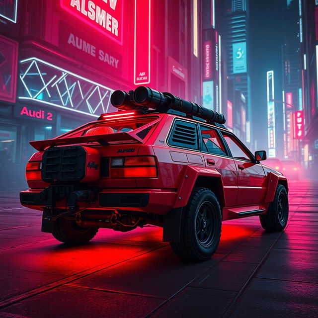 A heavily armored red 1980s Audi Quattro with minimalist gear attached to the back, bathed in a vibrant neon red underglow that illuminates the area surrounding the vehicle