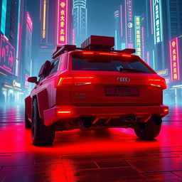 A heavily armored red 1980s Audi Quattro with minimalist gear attached to the back, bathed in a vibrant neon red underglow that illuminates the area surrounding the vehicle