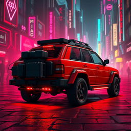 A heavily armored red 1980s Audi Quattro with minimalist gear attached to the back, bathed in a vibrant neon red underglow that illuminates the area surrounding the vehicle