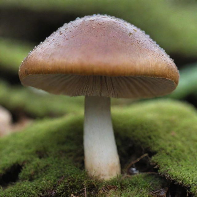 A detailed image of a fully matured mushroom standing elegantly on a bed of moss, reflecting the morning dew.