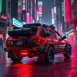 A heavily armored red 1980s Audi Quattro with rugged gear attached to the back hatch, illuminated by a vivid neon red underglow that enhances its striking appearance