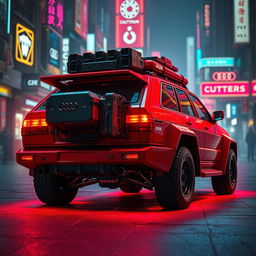 A heavily armored red 1980s Audi Quattro with rugged gear attached to the back hatch, illuminated by a vivid neon red underglow that enhances its striking appearance