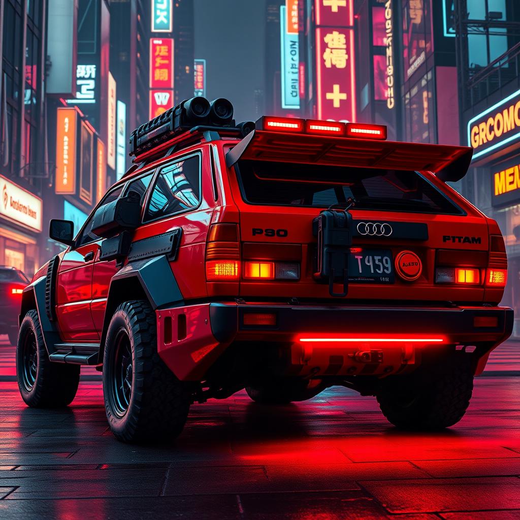 A heavily armored red 1980s Audi Quattro with rugged gear attached to the back hatch, illuminated by a vivid neon red underglow that enhances its striking appearance