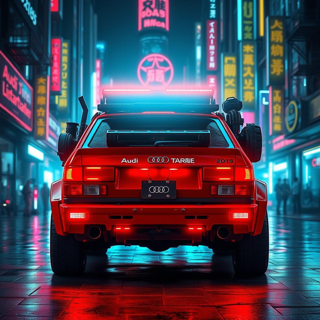 A heavily armored red 1980s Audi Quattro with rugged gear attached to the back hatch, illuminated by a vivid neon red underglow that enhances its striking appearance