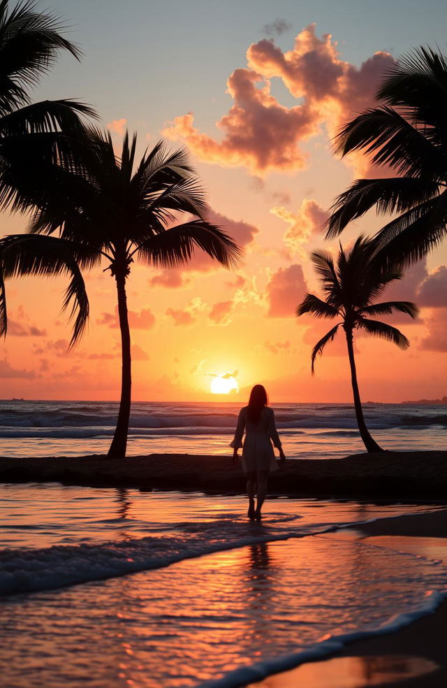 A stunning outdoor scene showcasing a vibrant sunset over a tranquil beach, with golden and pink hues reflecting off the gentle waves