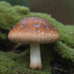 A detailed image of a fully matured mushroom standing elegantly on a bed of moss, reflecting the morning dew.