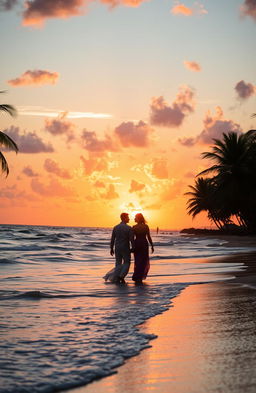 A stunning outdoor scene showcasing a vibrant sunset over a tranquil beach, with golden and pink hues reflecting off the gentle waves