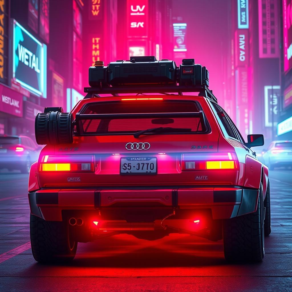 A heavily armored red 1980s Audi Quattro with gear fitted onto the back hatch, radiating a brilliant neon red underglow that accentuates its fierce appearance