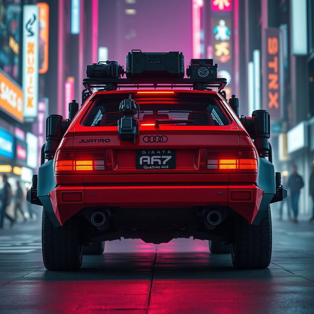 A heavily armored red 1980s Audi Quattro with gear fitted onto the back hatch, radiating a brilliant neon red underglow that accentuates its fierce appearance