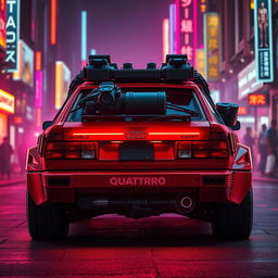 A heavily armored red 1980s Audi Quattro with gear fitted onto the back hatch, radiating a brilliant neon red underglow that accentuates its fierce appearance