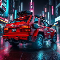 A heavily armored red 1980s Audi Quattro with gear fitted onto the back hatch, radiating a brilliant neon red underglow that accentuates its fierce appearance