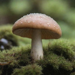 A detailed image of a fully matured mushroom standing elegantly on a bed of moss, reflecting the morning dew.