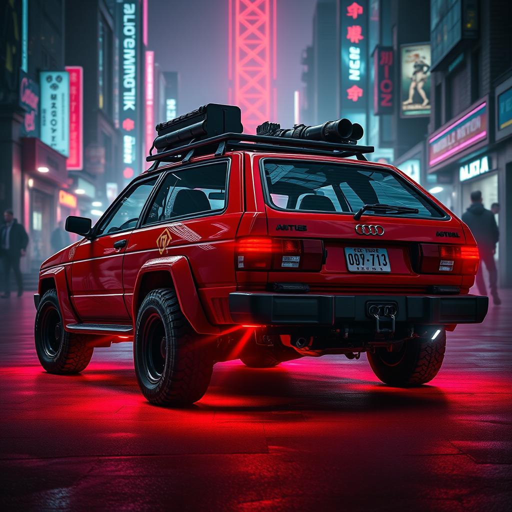 A heavily armored red 2-door 1980s Audi Quattro, showcasing an aggressive silhouette and rugged features, with gear affixed to the back hatch