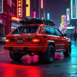 A heavily armored red 2-door 1980s Audi Quattro, showcasing an aggressive silhouette and rugged features, with gear affixed to the back hatch