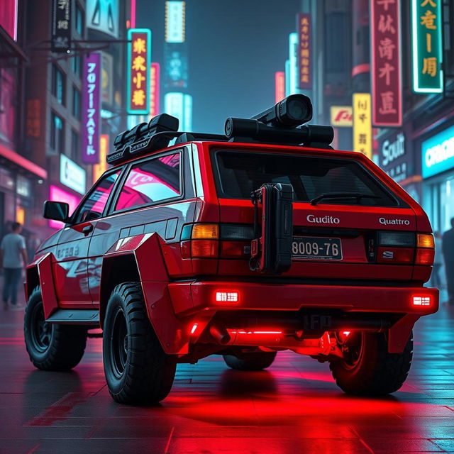 A heavily armored red 2-door 1980s Audi Quattro, showcasing an aggressive silhouette and rugged features, with gear affixed to the back hatch