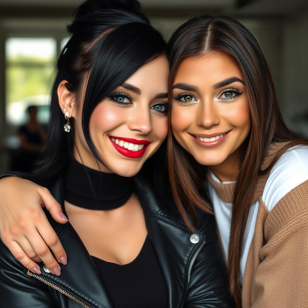 Two women embracing each other, both of them smiling warmly