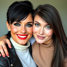 Two women embracing each other, both of them smiling joyfully