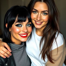 Two women embracing each other, both of them smiling joyfully