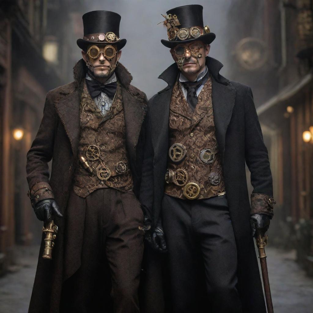 Steampunk villains cloaked in elaborate Victorian-era attire, peppered with gears, brass, and plenty of attitude. Their cruel intentions are matched by menacing mechanical weapons and ominous masks, creating a unique fusion of gentlemanly evil and industrial innovation.