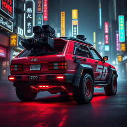 A heavily armored red 2-door 1980s Audi Quattro, equipped with rugged armor and gear mounted on the back hatch