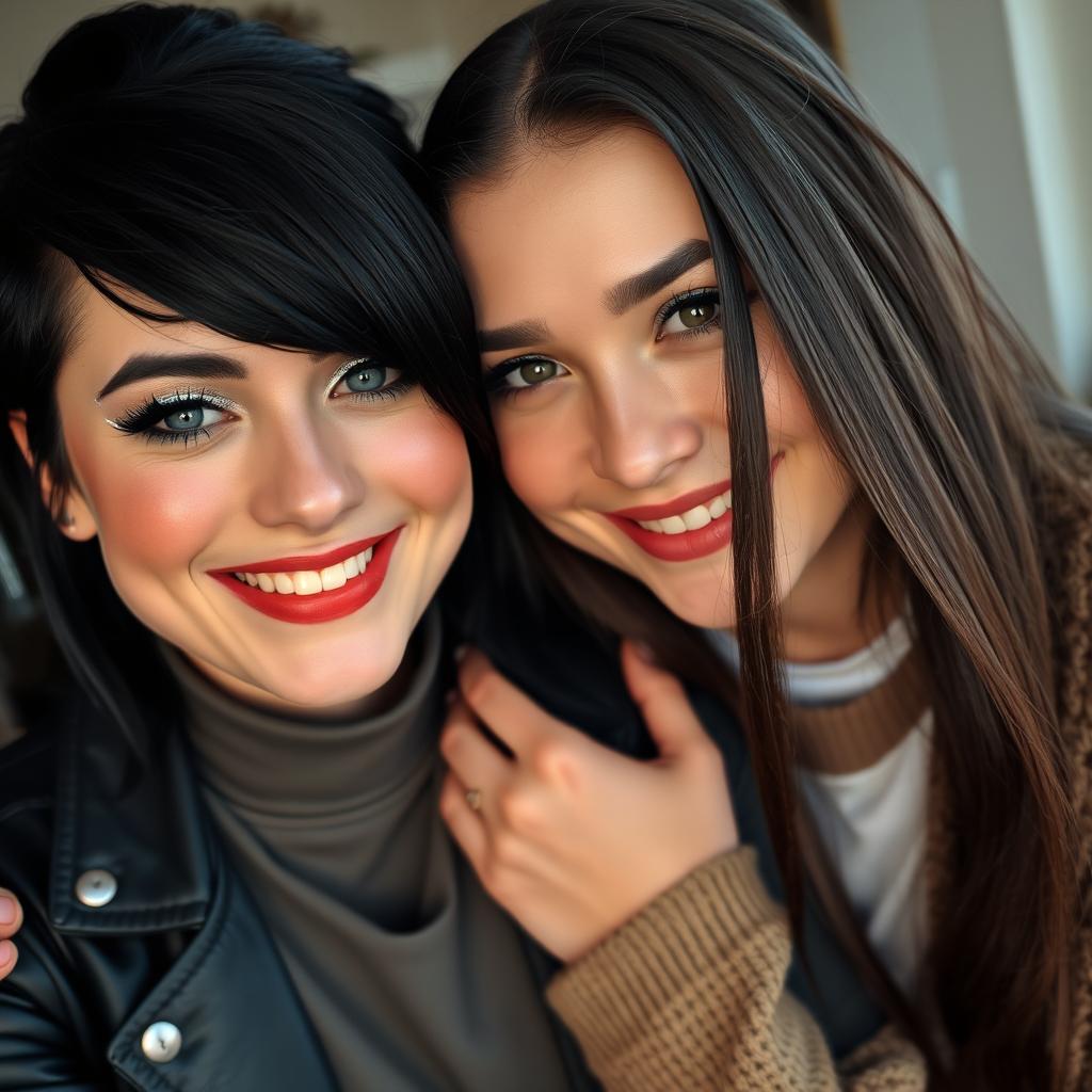 Two women embracing each other, both smiling joyfully